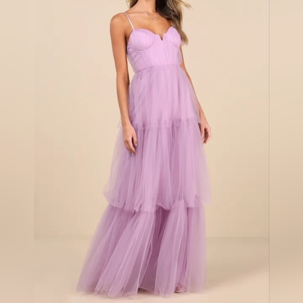 Lulus Unforgettable Poise Lilac Tulle Bustier Tiered Maxi Dress, Size Medium